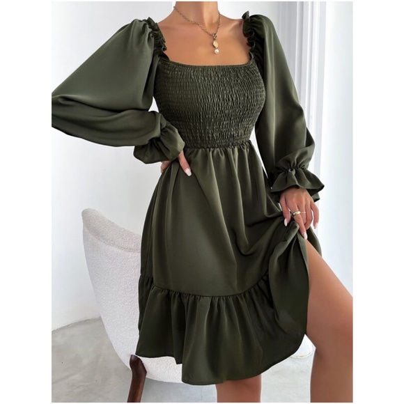 Boho Olive Flounce Ruffle Sleeve Mini Dress Minimalist - Picture 2 of 11